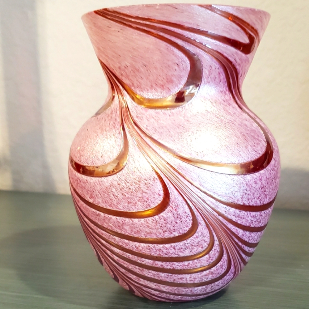 Pink & Gold Iridescent Swirl Vase Telaflora Gift Flower Plum Lavender Art Glass
